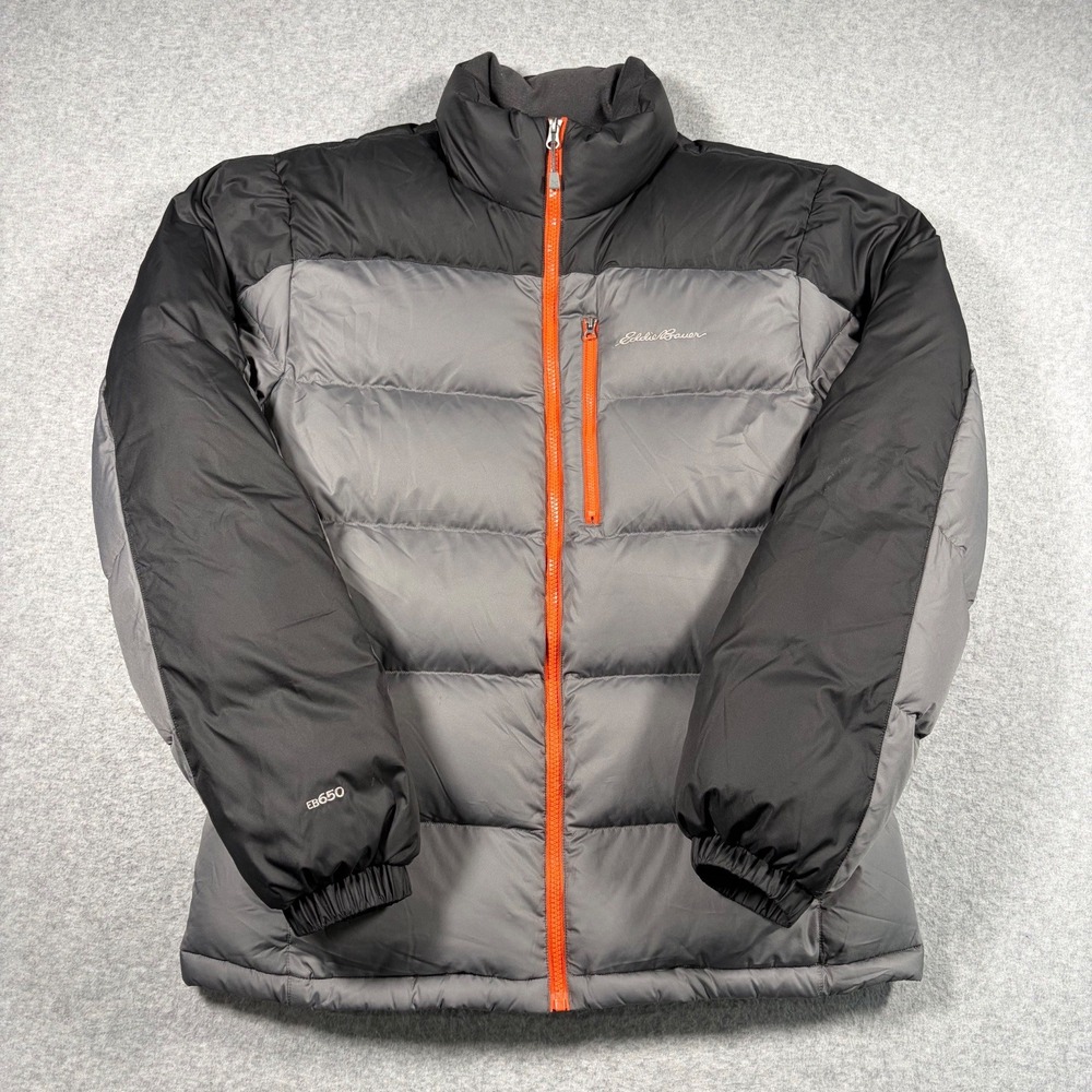 Eddie Bauer Puffer Jacket Mens Medium Gray Black EB650 Down Insulated Puffer